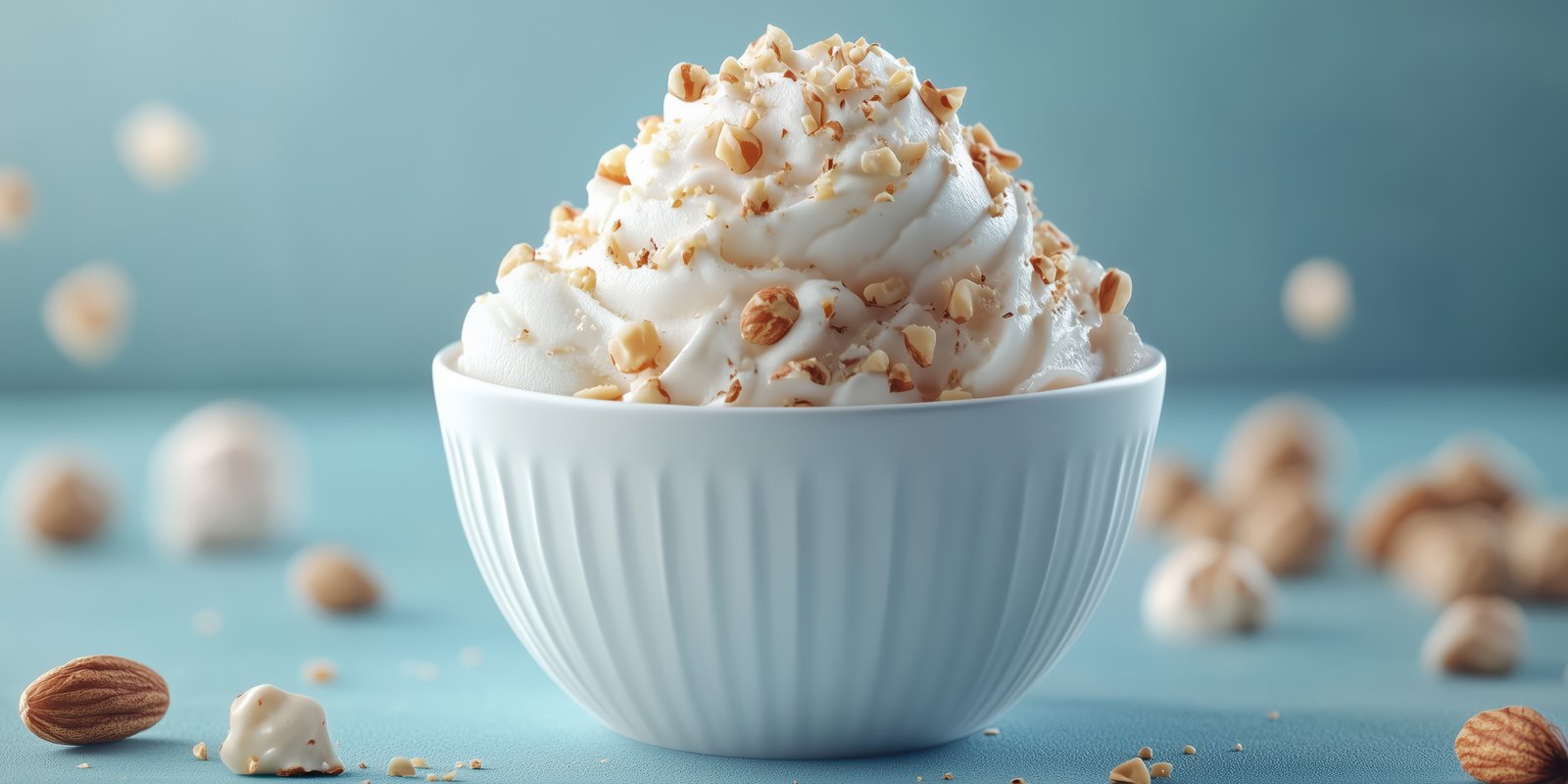 Creamy whipped topping with crushed nuts served in a white bowl on a blue background, perfect for desserts and treats